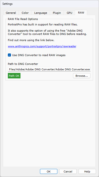 Screenshot of Settings dialog showing RAW reader options